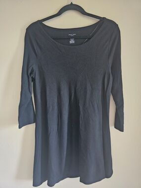 Joan Vass Solid Black  Round Neck 3/4 Sleeve Long Shift Dress Size M